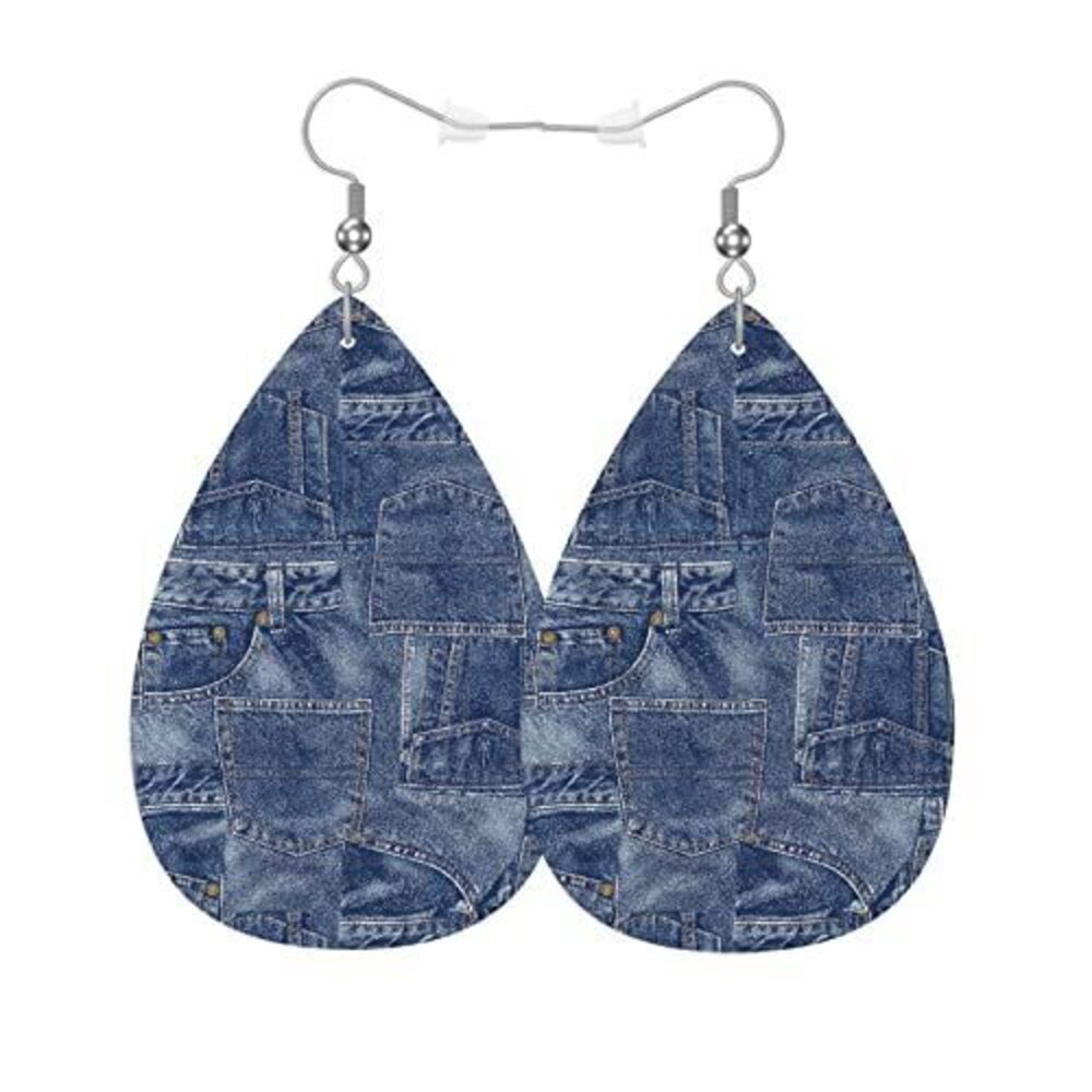 9424 Denim Leather Teardrop Earrings Vintage Denim Stitching Fold Art Faux